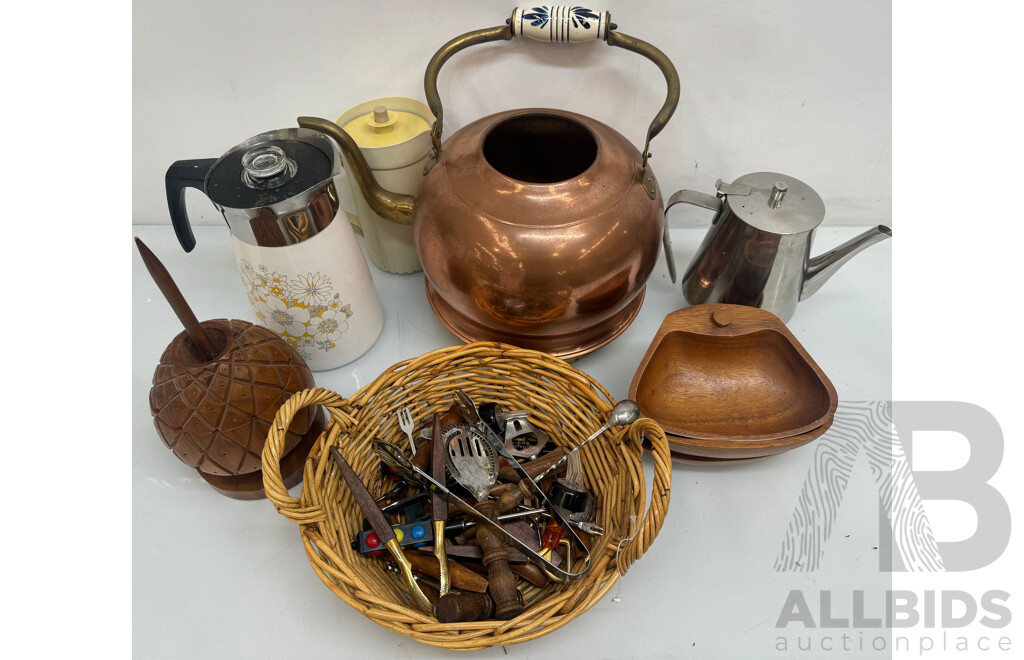 Assorted Lot of Tea Pots, Wooden Decor and Small Kitchen Utensils