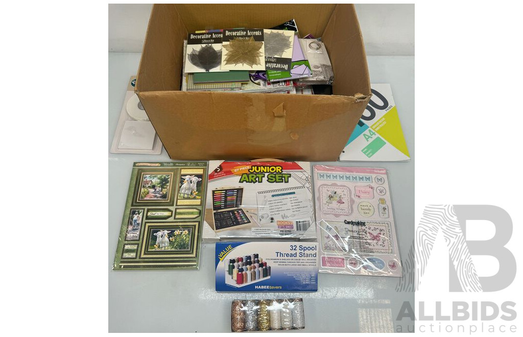 Assorted Lot of Arts & Craft, Notebooks, Hot Glue Gun & Stapler, Stickers and Decorations