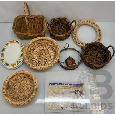 Lot of Woven Wicker Baskets, Plates, and Kitchen Worktop