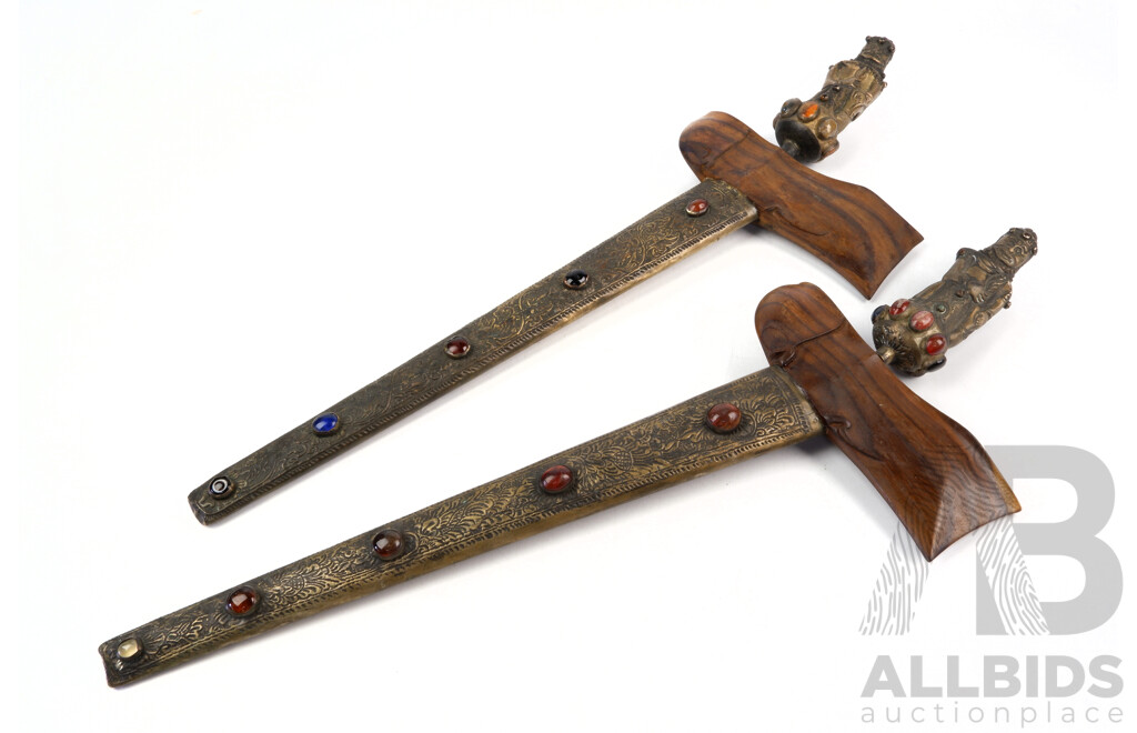 Interesting Pair Indonesian Kris Swords in Brass Sheathed Wooden Scabbards with Glass Cabochons to Handle and Sheath