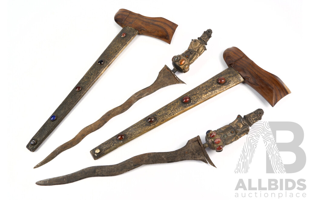 Interesting Pair Indonesian Kris Swords in Brass Sheathed Wooden Scabbards with Glass Cabochons to Handle and Sheath