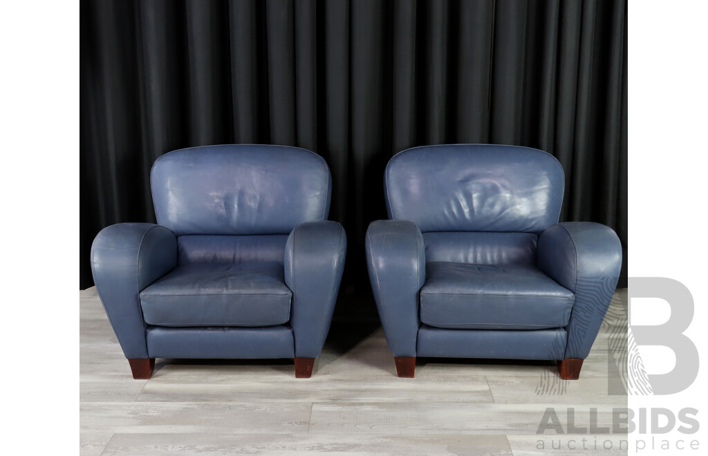 Pair of Blue Leather Club Armchairs by Artifex