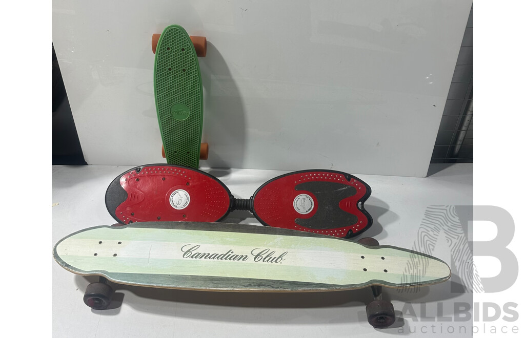 Three Skateboards Including Canadian Club Longboard