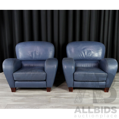 Pair of Blue Leather Club Armchairs by Artifex