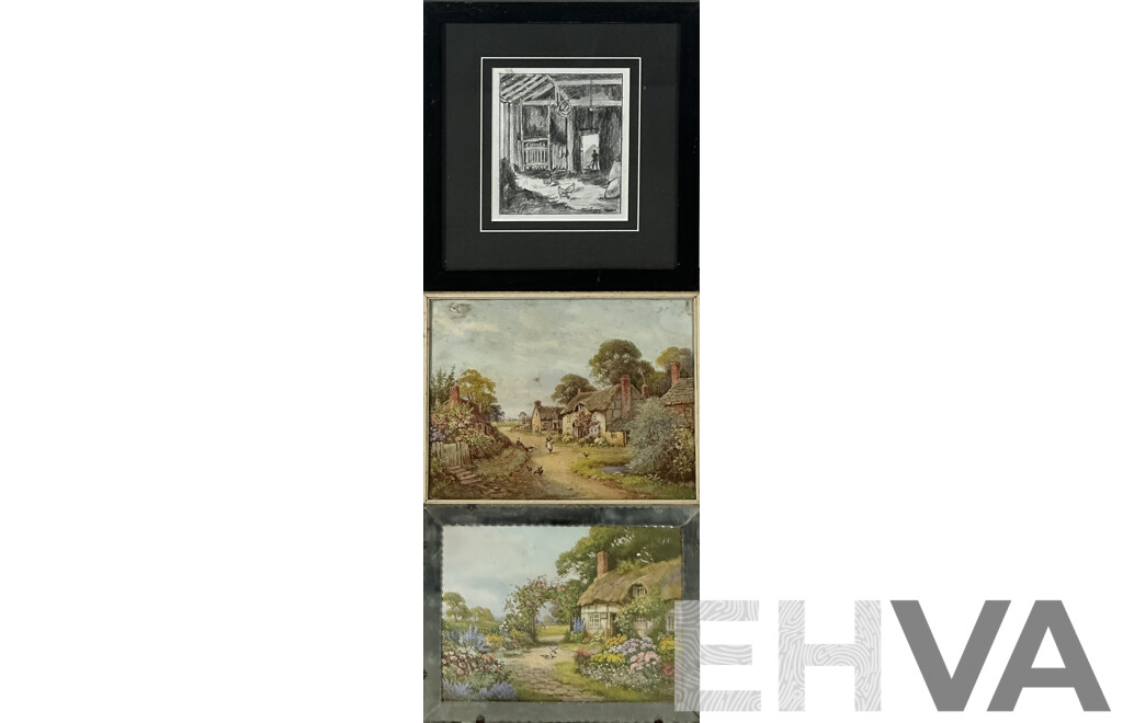 Three Vintage and Other Scenes, Pair of Country Cottages (Prints) and Chicken Coop (Pencil), 31 x 38 cm (Wonderful Mirror Frame) (3)