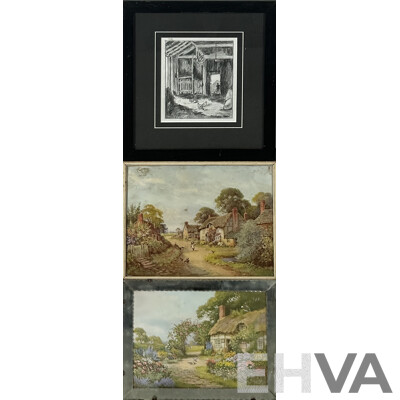 Three Vintage and Other Scenes, Pair of Country Cottages (Prints) and Chicken Coop (Pencil), 31 x 38 cm (Wonderful Mirror Frame) (3)