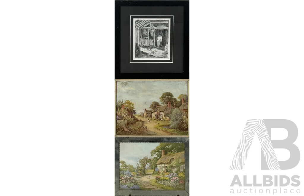 Three Vintage and Other Scenes, Pair of Country Cottages (Prints) and Chicken Coop (Pencil), 31 x 38 cm (Wonderful Mirror Frame) (3)