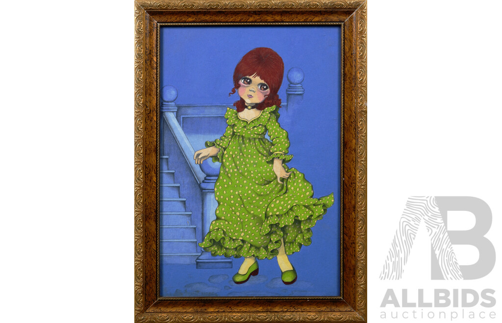 Artist Unknown, Retro Vintage 1970s Girl in Polka Dot Dress, Coloured Pen on Felt, 53 x 38 cm (frame)