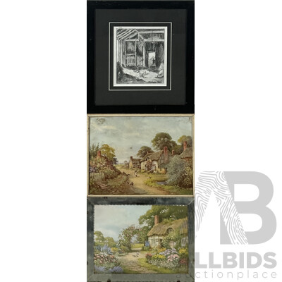 Three Vintage and Other Scenes, Pair of Country Cottages (Prints) and Chicken Coop (Pencil), 31 x 38 cm (Wonderful Mirror Frame) (3)