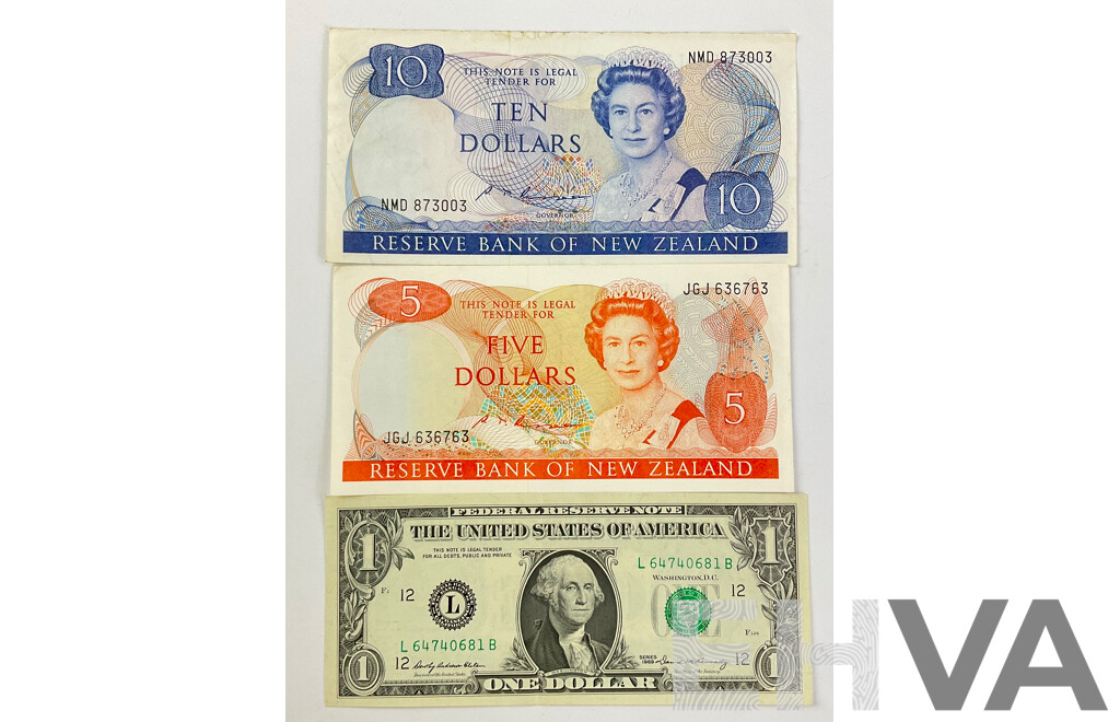 New Zealand QE2 Ten and Five Dollar Notes with USA 1969 San Francisco One Dollar Note