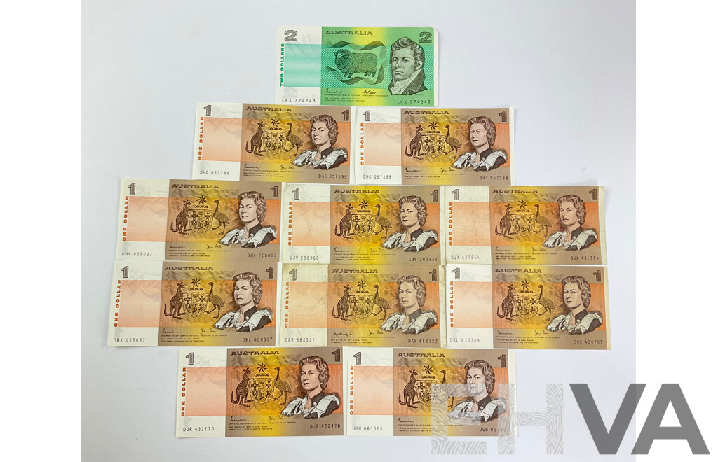 Australian 1970's and 80's One and Two Dollar Notes Including Knight/Stone, Johnston/Fraser, Johnston/Stone Consecutive DHC 057398-DHC 057399