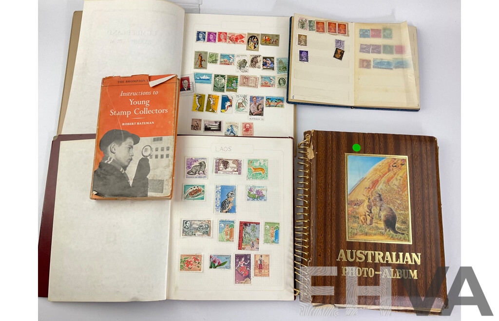 Collection of International Stamps Including Australian Predecimal, India, Hong Kong, Canada, USA, Instructions to Young Stamp Collectors Book and Vintage Receipts