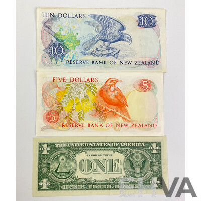 New Zealand QE2 Ten and Five Dollar Notes with USA 1969 San Francisco One Dollar Note