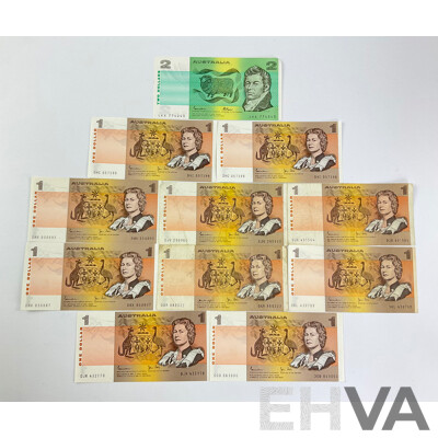 Australian 1970's and 80's One and Two Dollar Notes Including Knight/Stone, Johnston/Fraser, Johnston/Stone Consecutive DHC 057398-DHC 057399