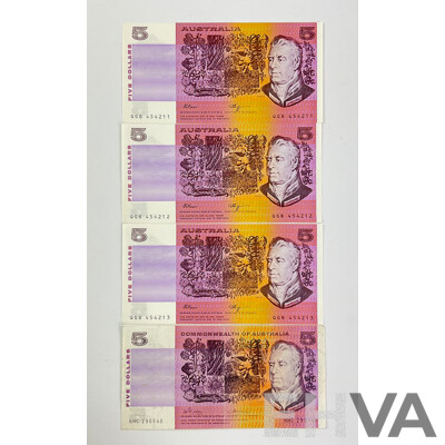 Australian 1990 Five Dollar Notes Fraser/Higgins Consecutive QGB 454211 - QGB 454213 and 1972 Phillips/Wheeler