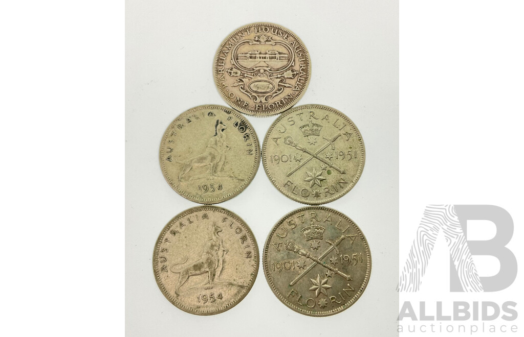 Australian Commemorative Silver Florins Including 1927, 1951(2), 1954(2)