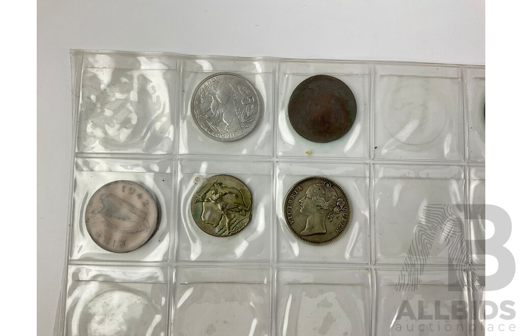 Collection of Antique and Vintage International Coins Including Mexico 1963 One Peso, Australia 1945 Victory Medallion Sweden, France, United Kingdom, Fiji, USA and More