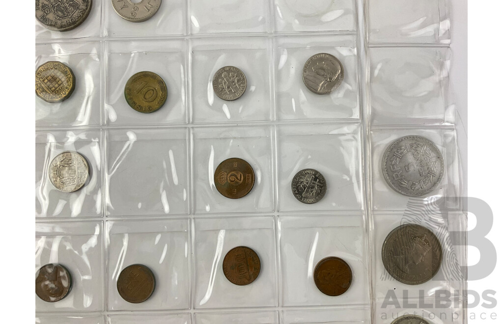 Collection of Antique and Vintage International Coins Including Mexico 1963 One Peso, Australia 1945 Victory Medallion Sweden, France, United Kingdom, Fiji, USA and More