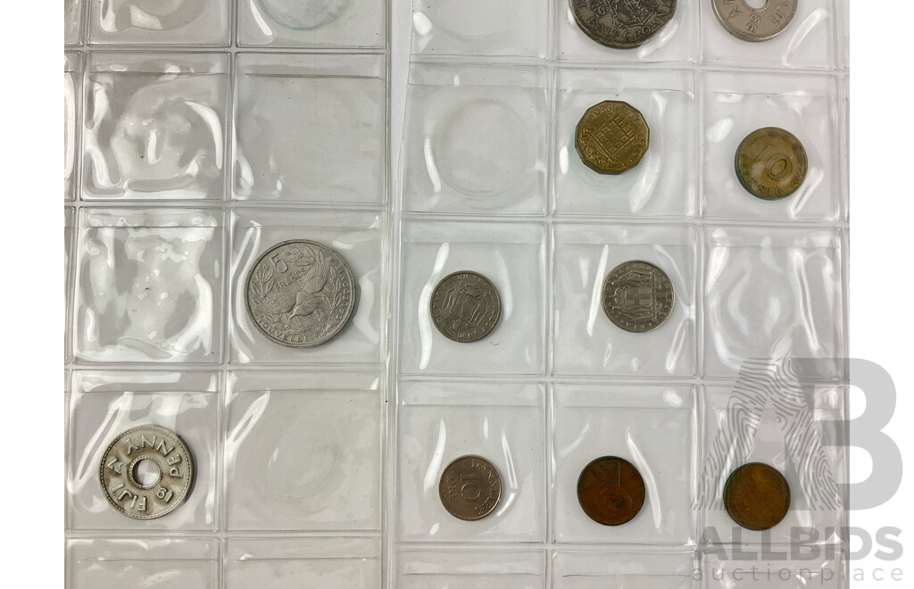 Collection of Antique and Vintage International Coins Including Mexico 1963 One Peso, Australia 1945 Victory Medallion Sweden, France, United Kingdom, Fiji, USA and More