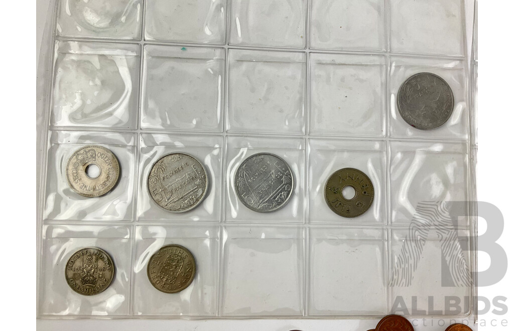 Collection of Antique and Vintage International Coins Including Mexico 1963 One Peso, Australia 1945 Victory Medallion Sweden, France, United Kingdom, Fiji, USA and More