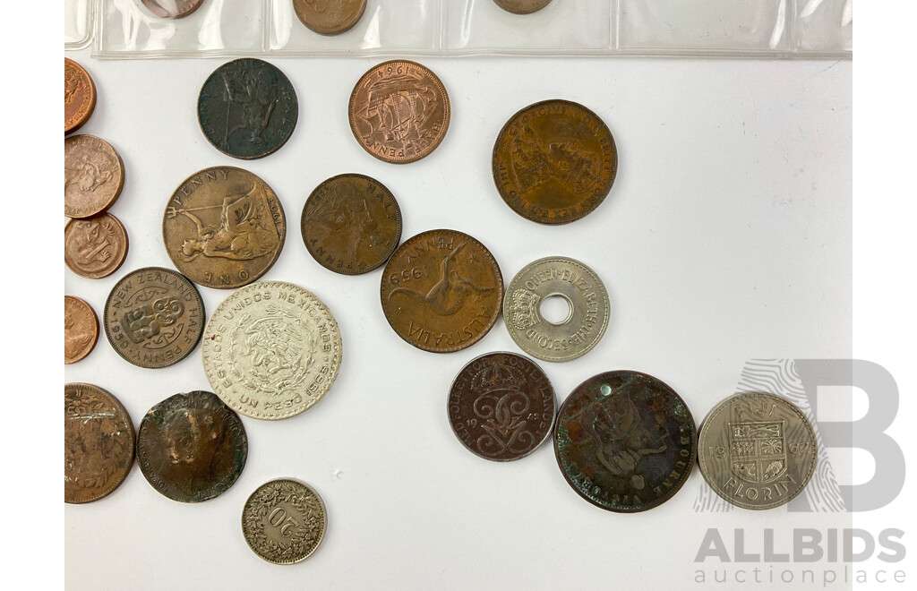 Collection of Antique and Vintage International Coins Including Mexico 1963 One Peso, Australia 1945 Victory Medallion Sweden, France, United Kingdom, Fiji, USA and More