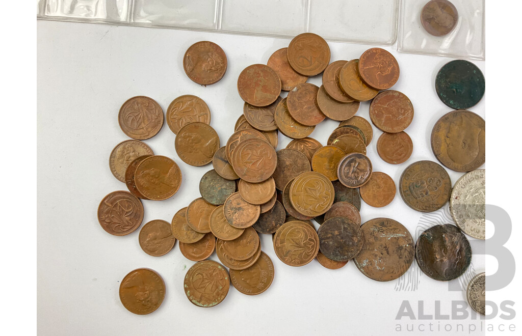 Collection of Antique and Vintage International Coins Including Mexico 1963 One Peso, Australia 1945 Victory Medallion Sweden, France, United Kingdom, Fiji, USA and More