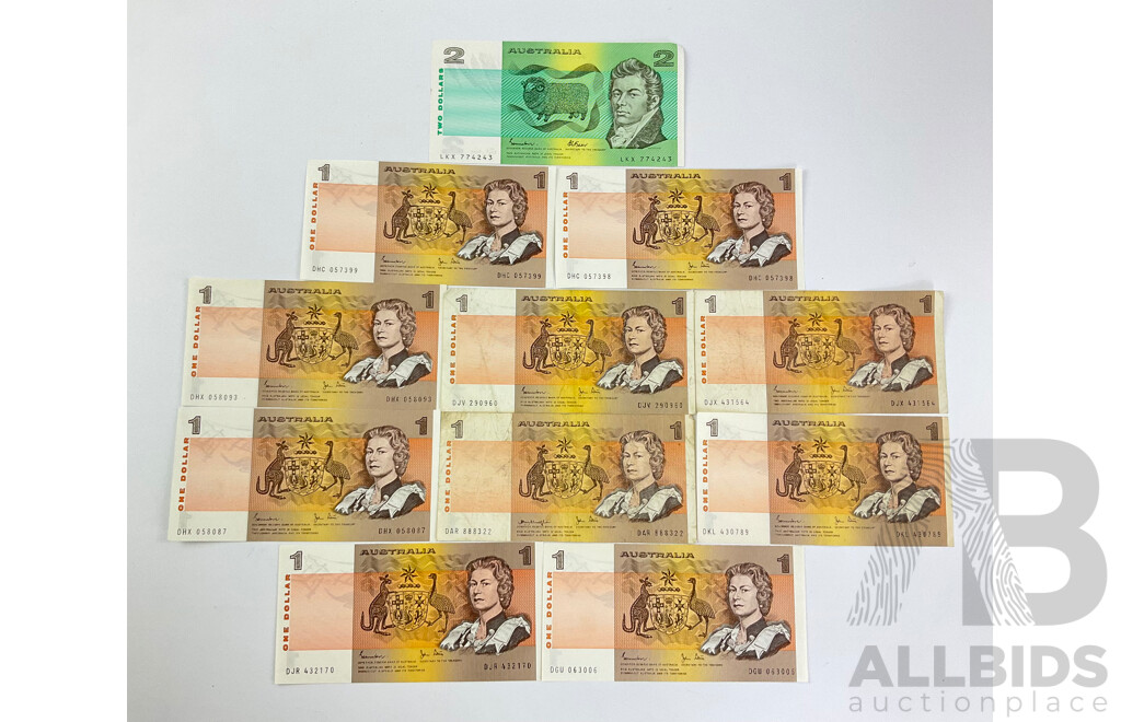 Australian 1970's and 80's One and Two Dollar Notes Including Knight/Stone, Johnston/Fraser, Johnston/Stone Consecutive DHC 057398-DHC 057399