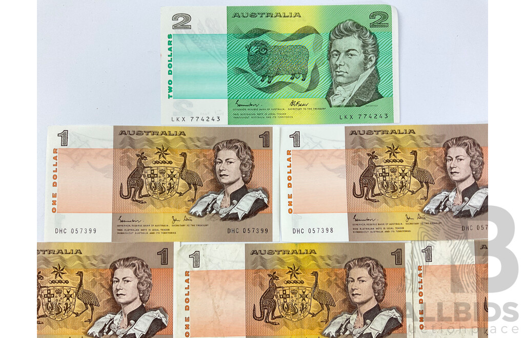 Australian 1970's and 80's One and Two Dollar Notes Including Knight/Stone, Johnston/Fraser, Johnston/Stone Consecutive DHC 057398-DHC 057399