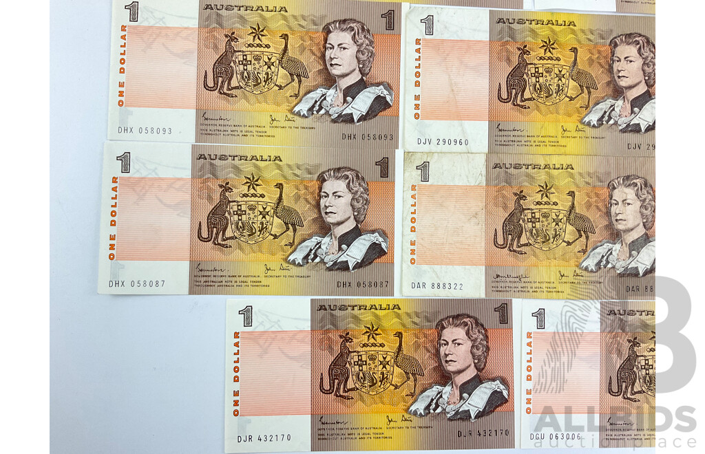 Australian 1970's and 80's One and Two Dollar Notes Including Knight/Stone, Johnston/Fraser, Johnston/Stone Consecutive DHC 057398-DHC 057399