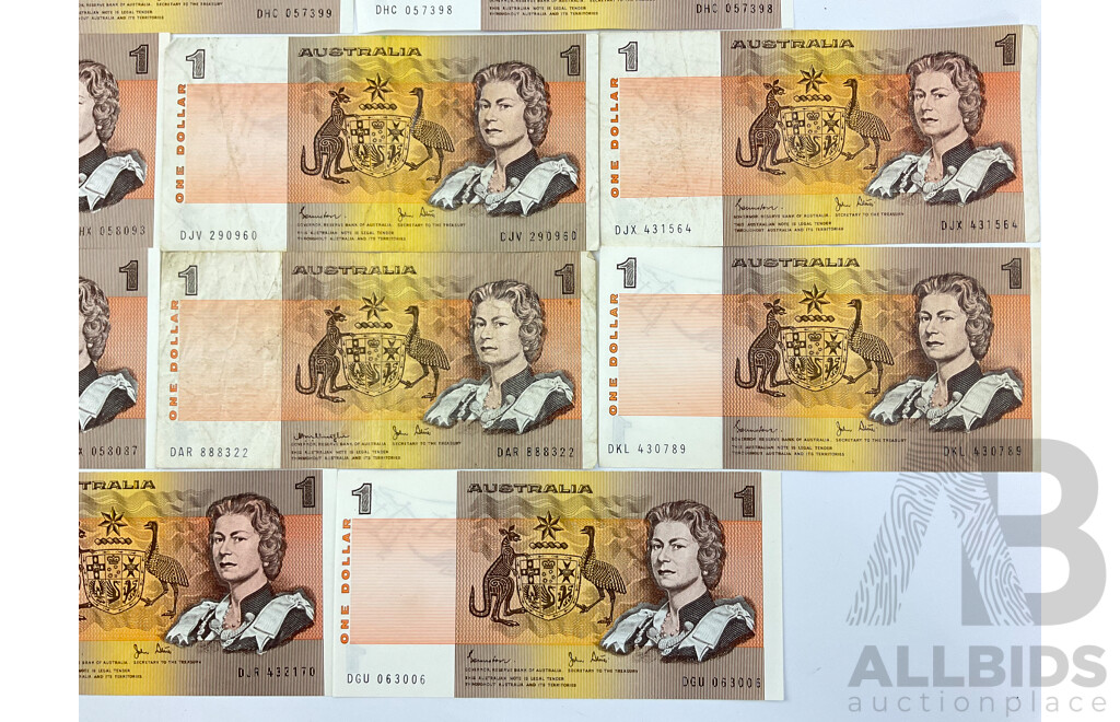 Australian 1970's and 80's One and Two Dollar Notes Including Knight/Stone, Johnston/Fraser, Johnston/Stone Consecutive DHC 057398-DHC 057399