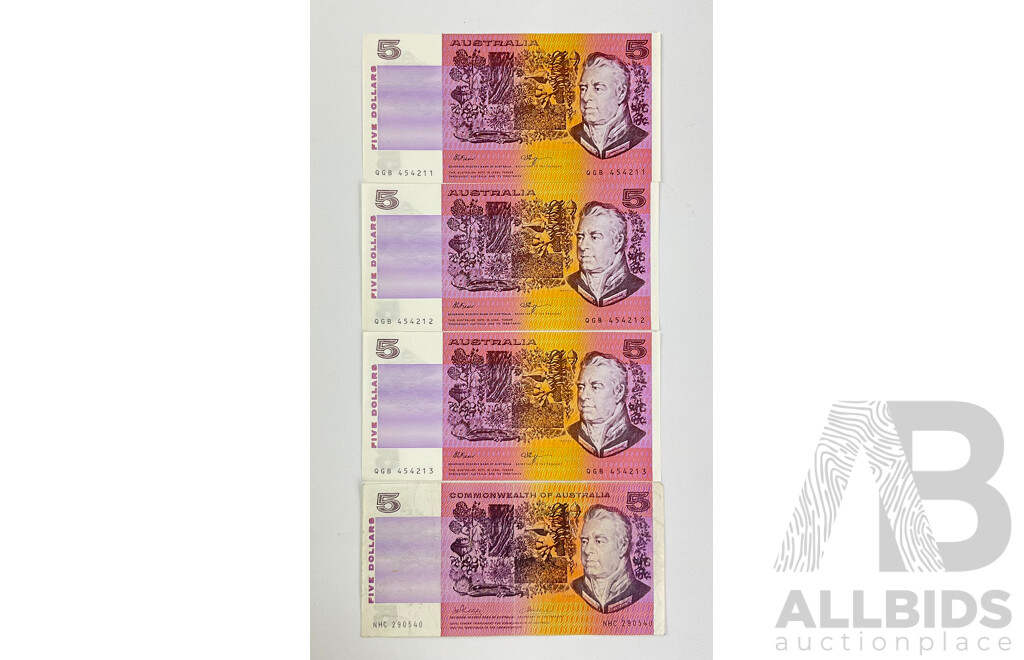 Australian 1990 Five Dollar Notes Fraser/Higgins Consecutive QGB 454211 - QGB 454213 and 1972 Phillips/Wheeler