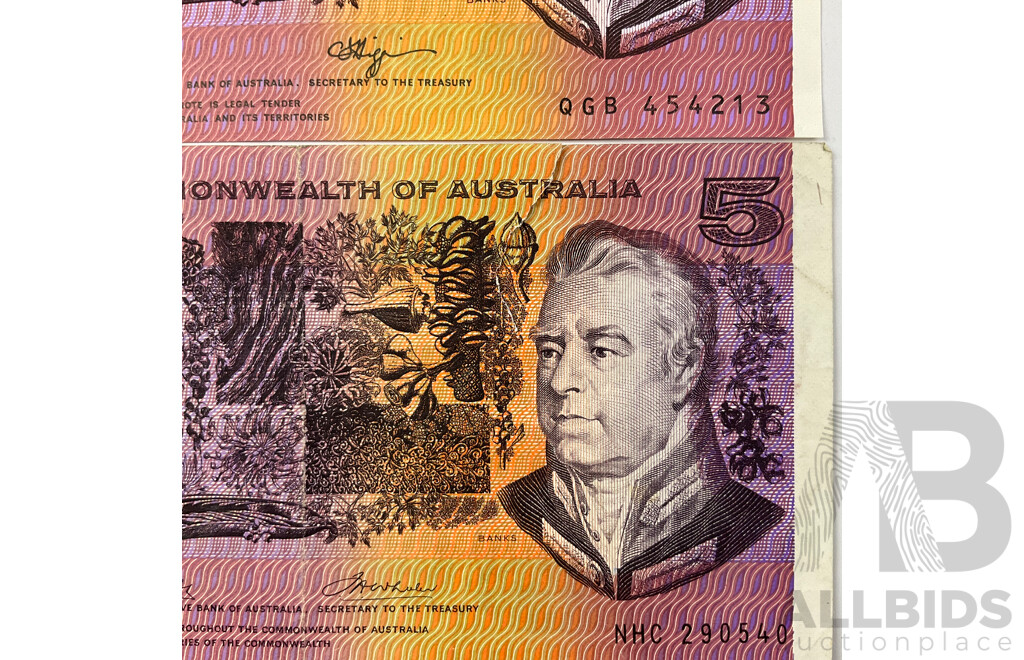 Australian 1990 Five Dollar Notes Fraser/Higgins Consecutive QGB 454211 - QGB 454213 and 1972 Phillips/Wheeler