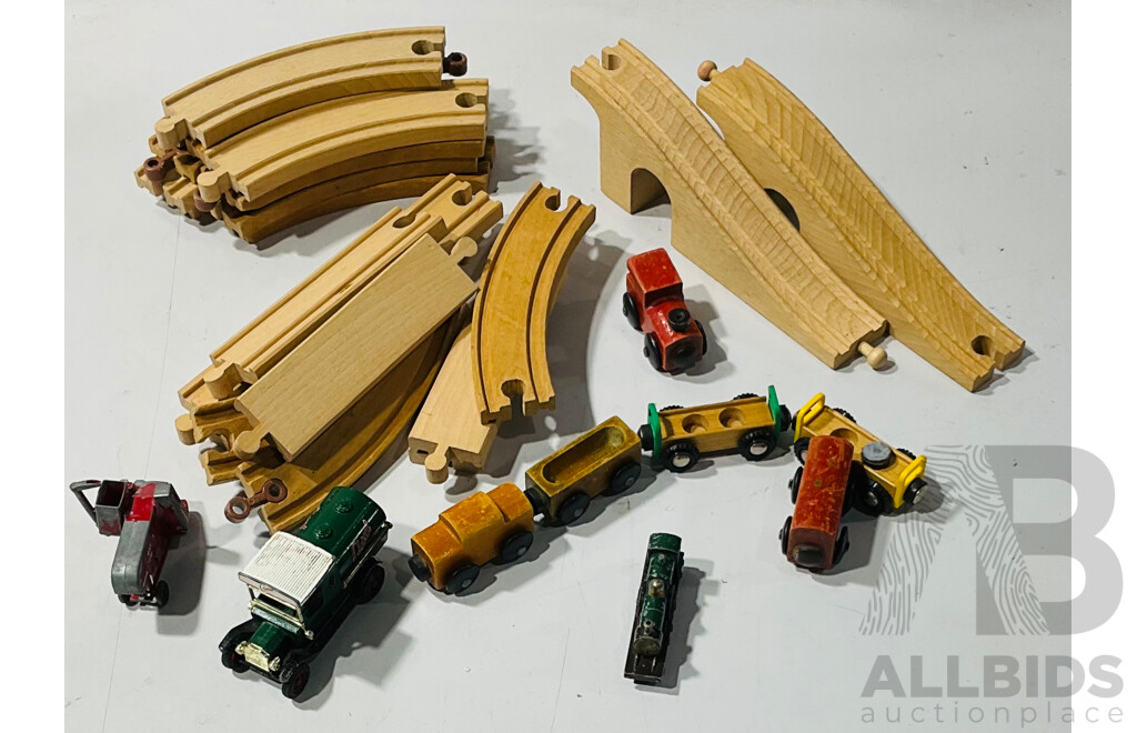 Collection of Wooden Toy Train Tracks, Wooden Trains and Diecast Cars