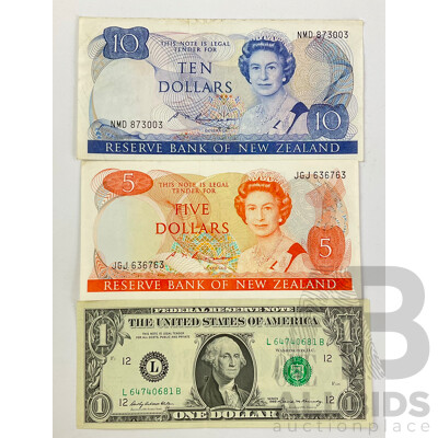 New Zealand QE2 Ten and Five Dollar Notes with USA 1969 San Francisco One Dollar Note