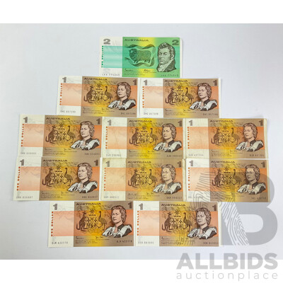 Australian 1970's and 80's One and Two Dollar Notes Including Knight/Stone, Johnston/Fraser, Johnston/Stone Consecutive DHC 057398-DHC 057399