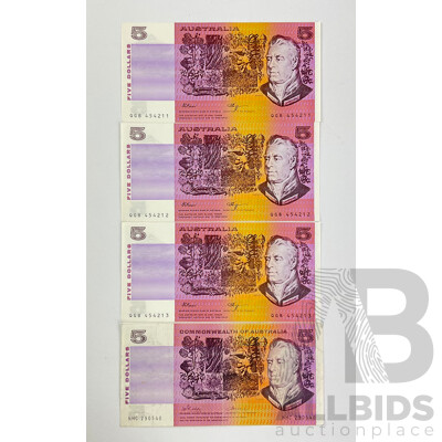 Australian 1990 Five Dollar Notes Fraser/Higgins Consecutive QGB 454211 - QGB 454213 and 1972 Phillips/Wheeler