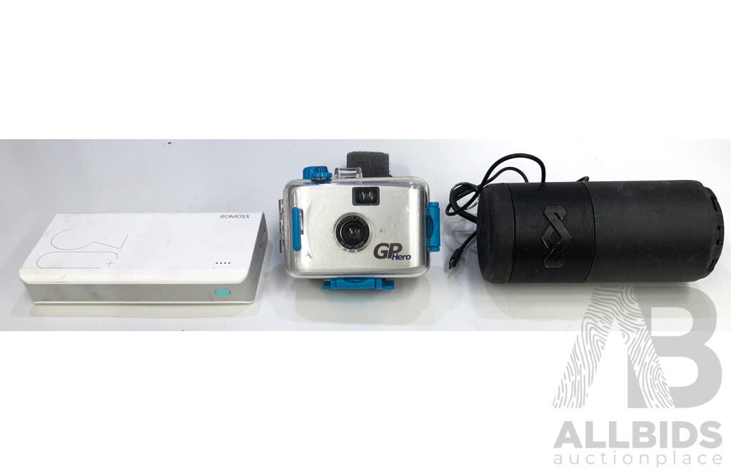 Romoss Power Bank, Marley Bluetooth Speaker and GoPro Hero 35mm Film Camera