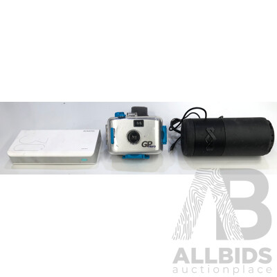 Romoss Power Bank, Marley Bluetooth Speaker and GoPro Hero 35mm Film Camera