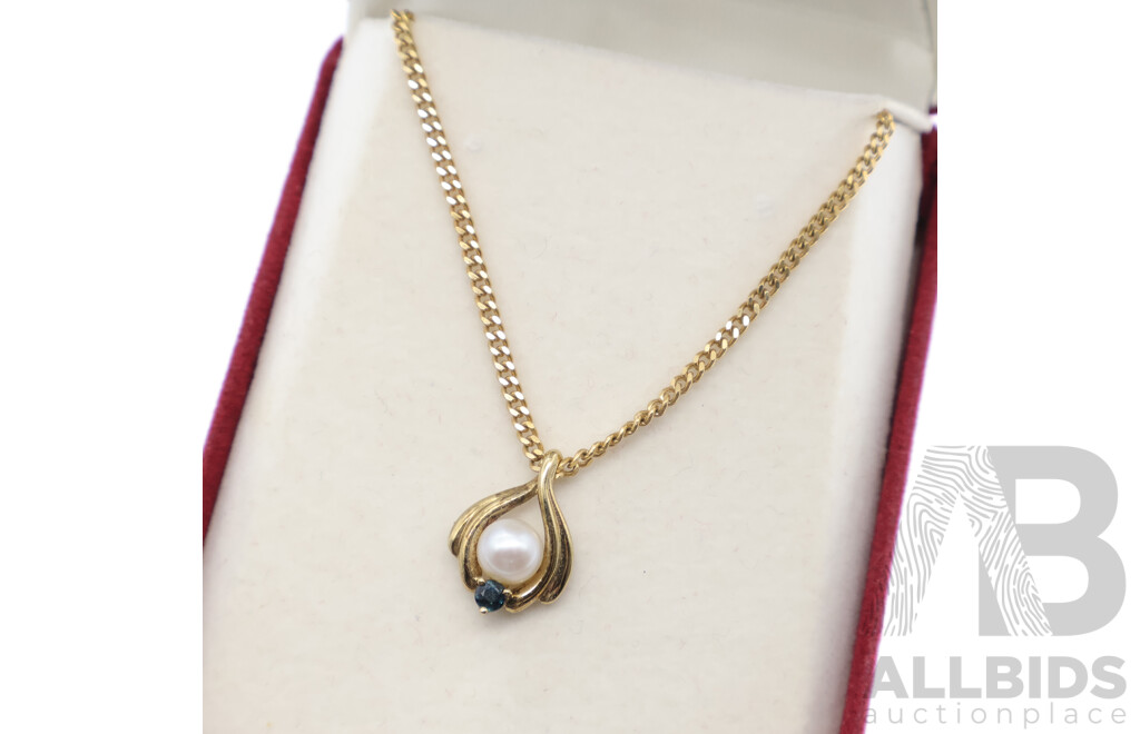 Zamel's 9ct Cultured Pearl & Sapphire Pendant on 9ct Curb Link Chain, 45cm, 4.48 Grams