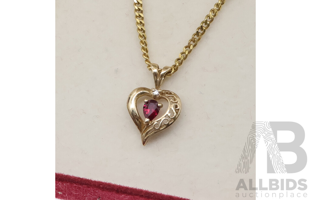 Zamel's 9ct Created Ruby & Diamond Set Pendant, 15mm, TDW 0.005ct, on Curb Link Chain, 45cm, 4.36 Grams