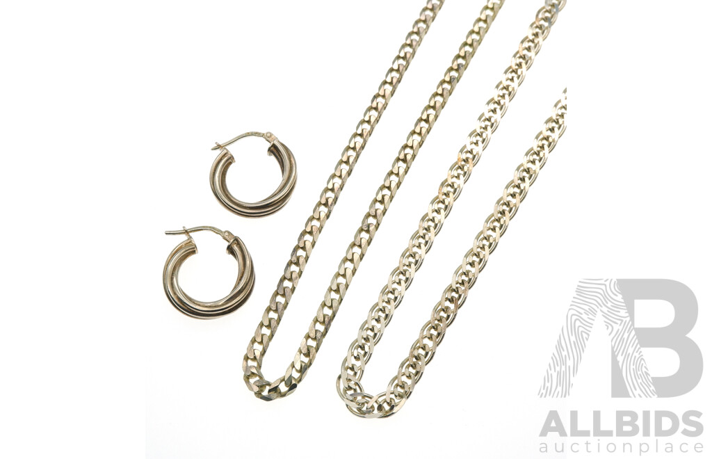 Zamel's Sterling Silver Fancy Link Chain, Zamel's Flat Curb Link Chain and Zamel's Hoop Earrings, 30.68 Grams