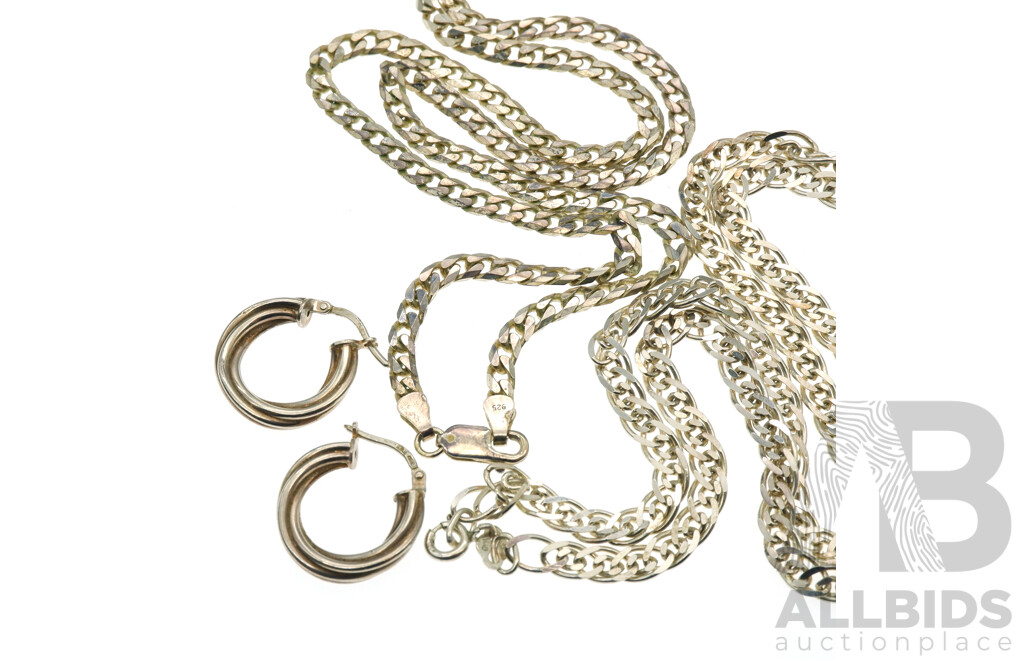 Zamel's Sterling Silver Fancy Link Chain, Zamel's Flat Curb Link Chain and Zamel's Hoop Earrings, 30.68 Grams