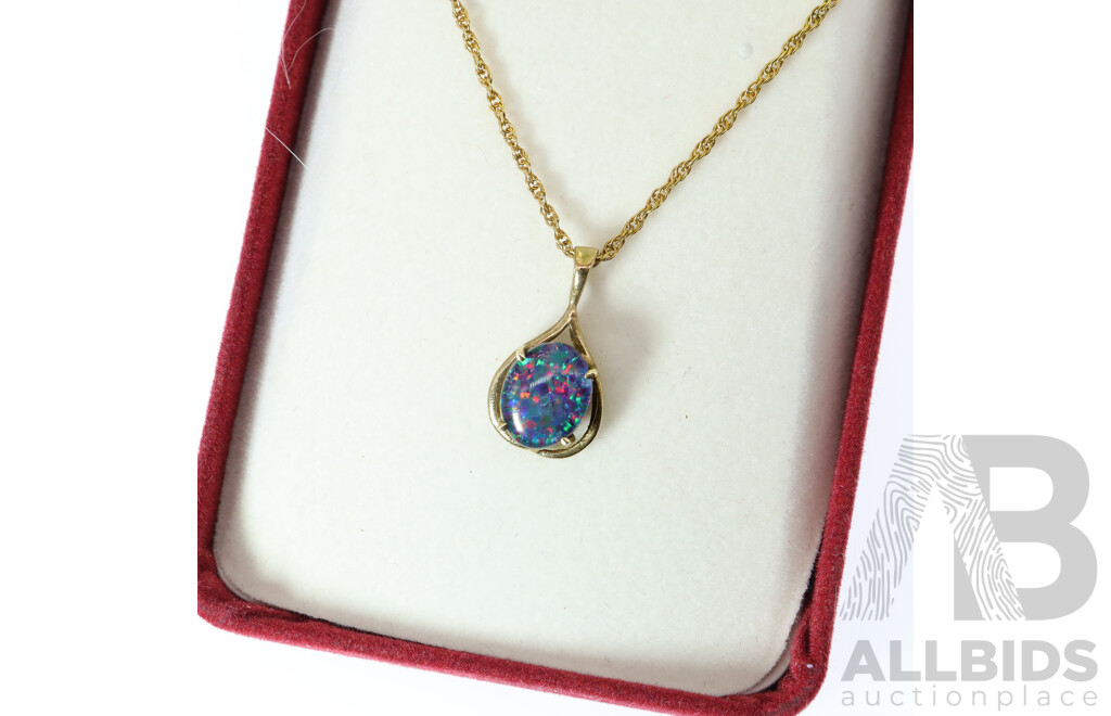 9ct Opal Triplet Pendant 20mm Long on 9ct Fine Rope Link Chain, 45cm, 2.94 Grams