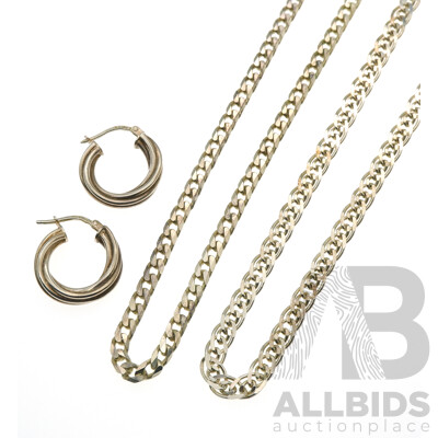 Zamel's Sterling Silver Fancy Link Chain, Zamel's Flat Curb Link Chain and Zamel's Hoop Earrings, 30.68 Grams