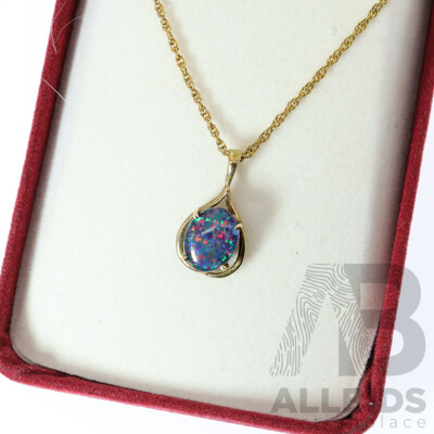 9ct Opal Triplet Pendant 20mm Long on 9ct Fine Rope Link Chain, 45cm, 2.94 Grams