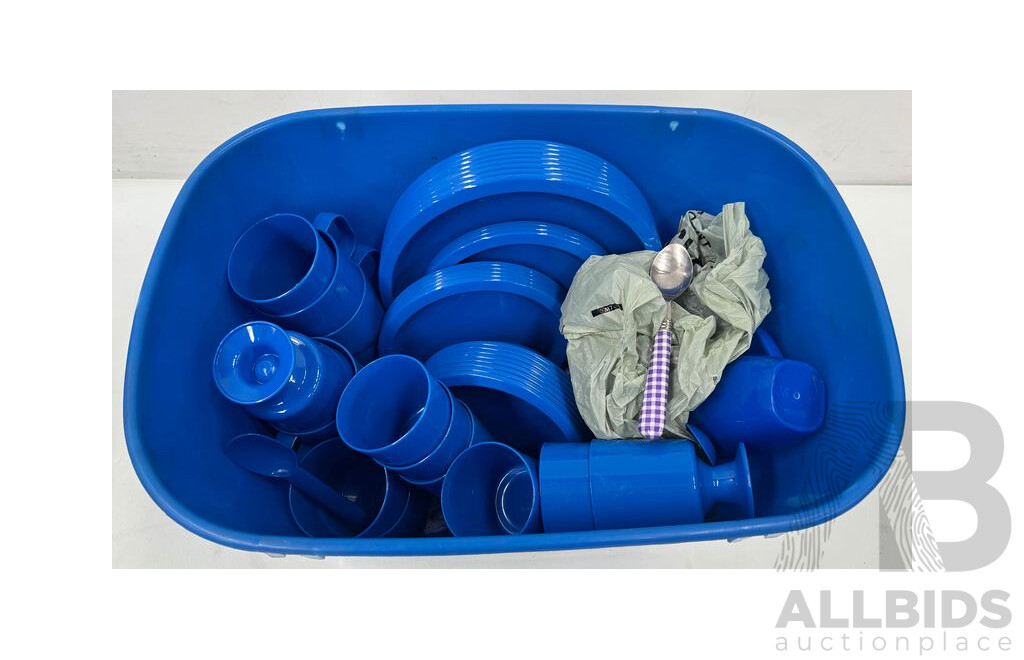 Blue Plastic Cups, Plates, Bowls and Metal Cutlery