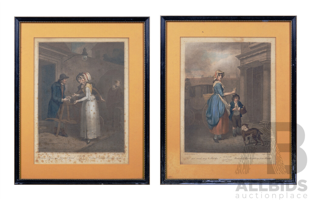 After Frances Wheatley, (British, 1747-1801), Cries of London, Plates 4 and 6, 'Do You Want Any Matches?' and 'Knives, Scissors and Razors to Grind', Pair of Antique Hand Coloured Stipple Engravings (2)