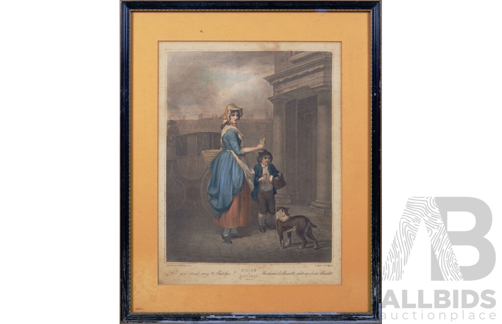 After Frances Wheatley, (British, 1747-1801), Cries of London, Plates 4 and 6, 'Do You Want Any Matches?' and 'Knives, Scissors and Razors to Grind', Pair of Antique Hand Coloured Stipple Engravings (2)