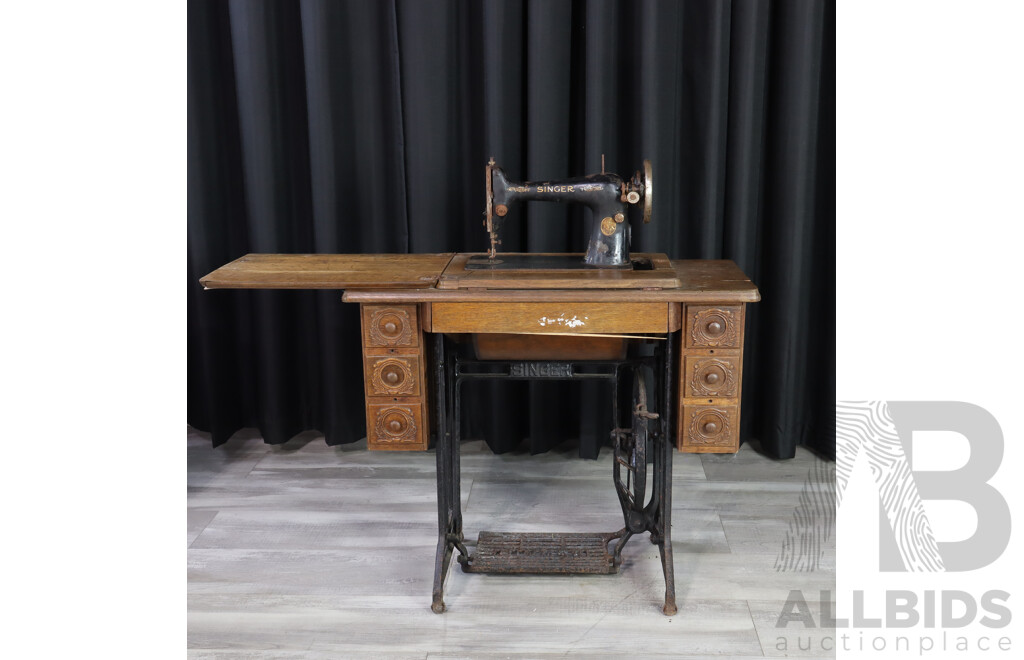 Singer Treadle Base Sewing Machine in Cabinet