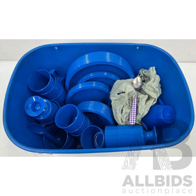 Blue Plastic Cups, Plates, Bowls and Metal Cutlery